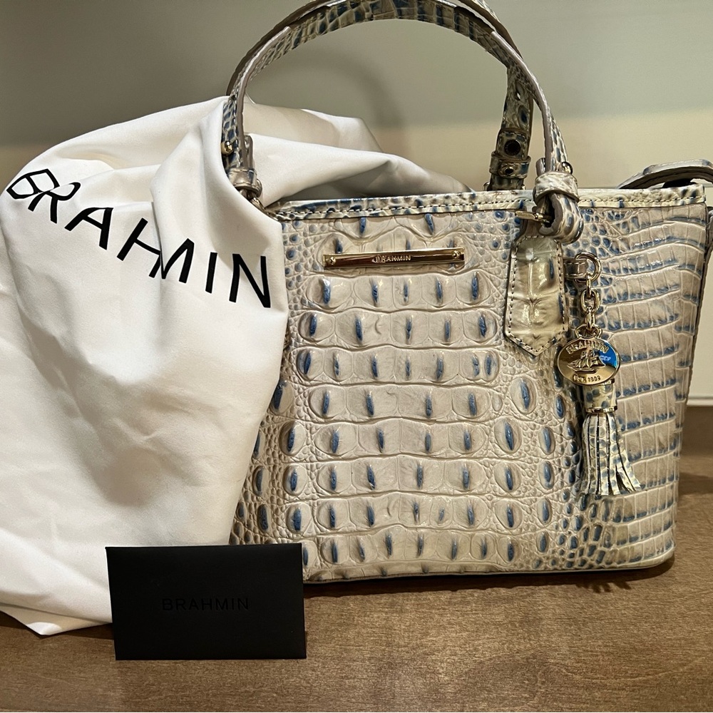 Brahmin Cream and Blue Croc-Embossed Leather Satchel